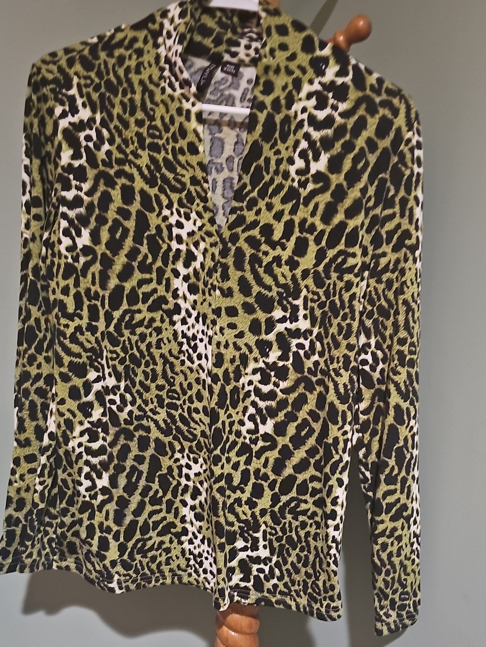 Ethyl Olive Green and Black Leopard Print Button-Down Top. Size S